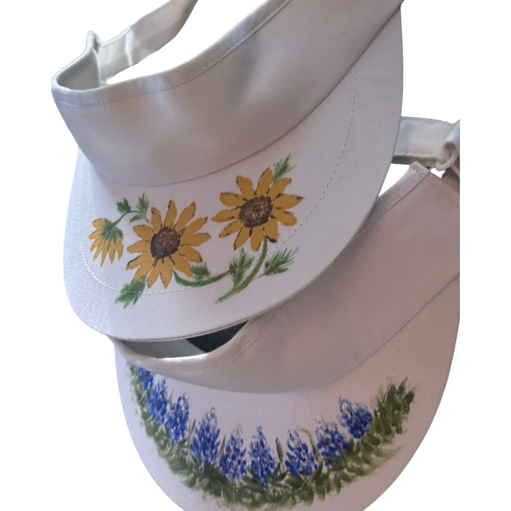 NWT Set of 2 White Floral Sun Visors Bluebonnet Yellow Wildflower Cotton